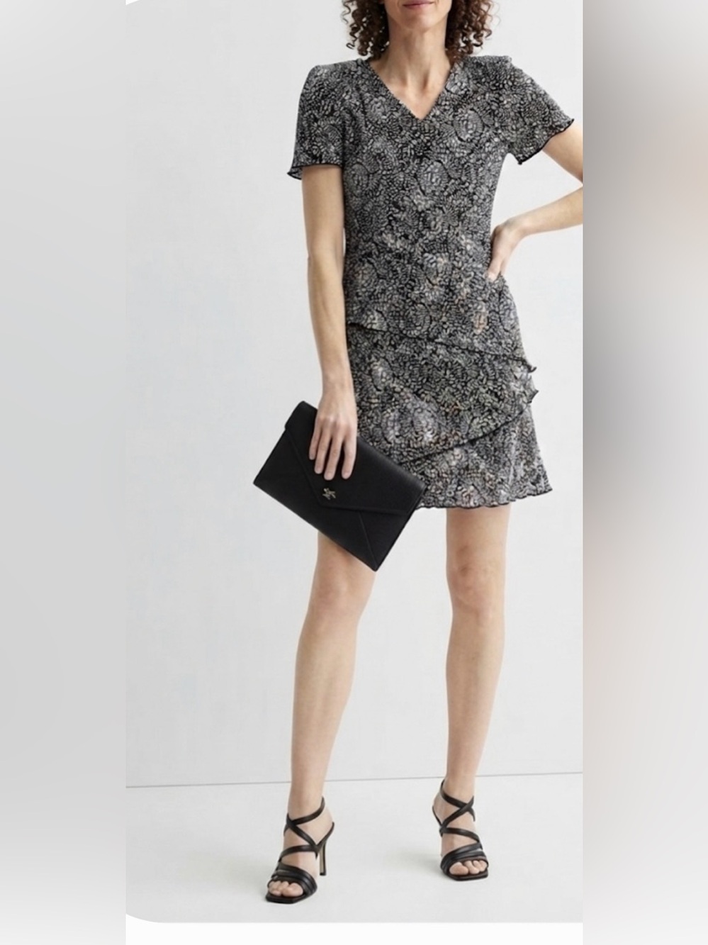 Studio Connection Black & White Printed Ruffle Hem Dress